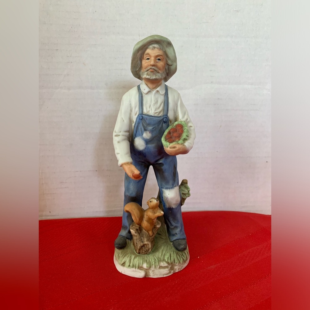HOME INTERIORS Vintage Figurine Farmer Man Squirrel Fruit Basket #1409